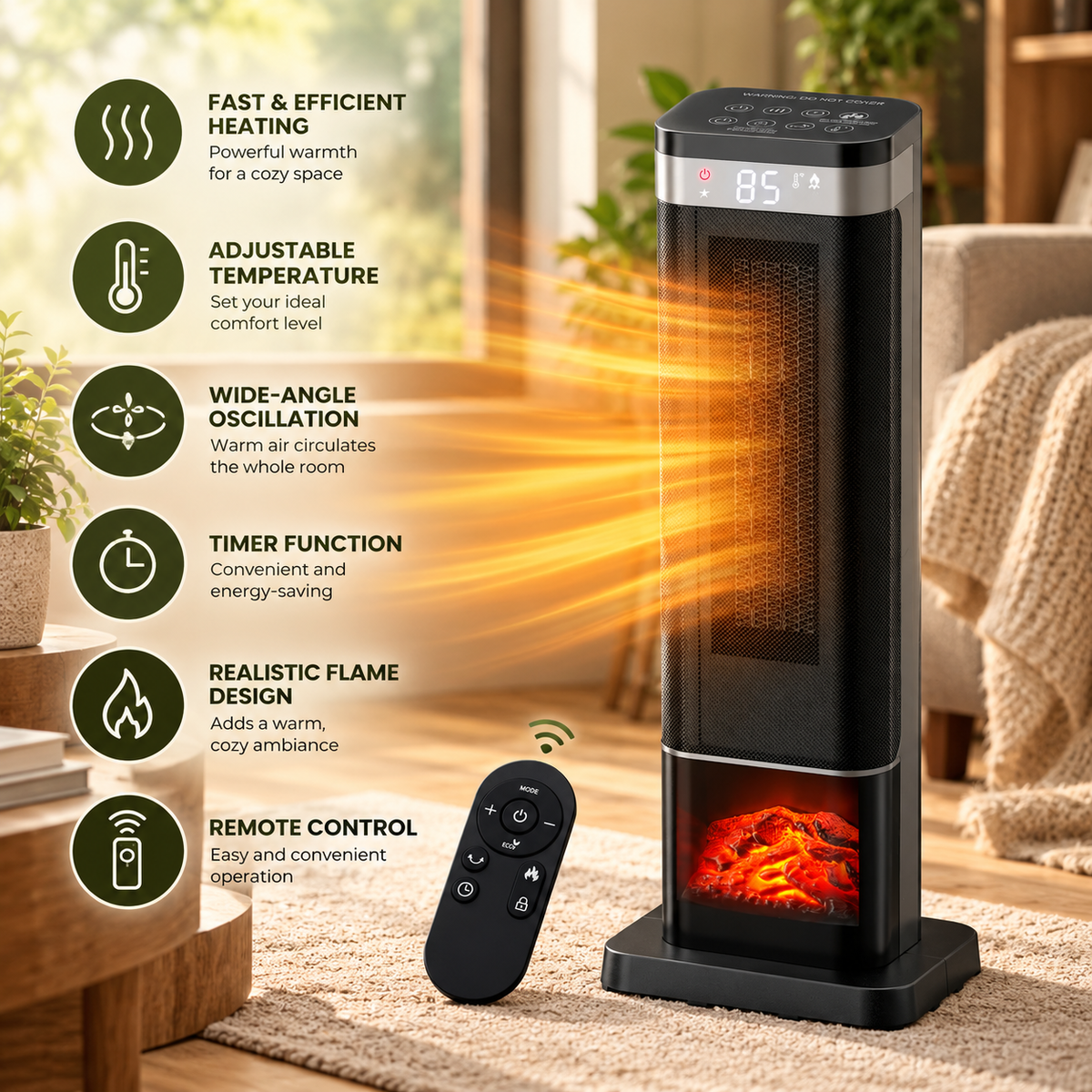 23-Inch Portable Space Heater with 7-Color LED Lighting