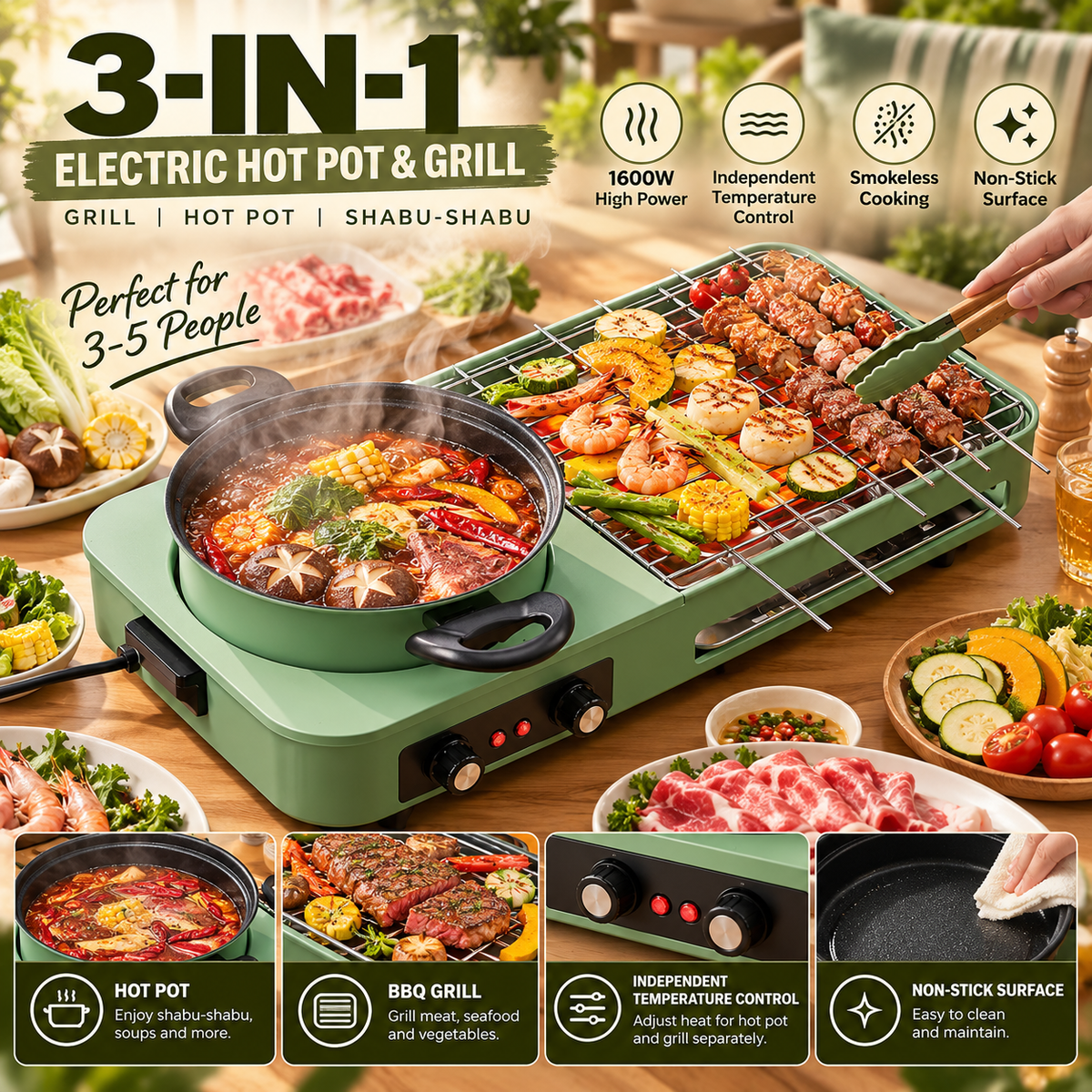 3-in-1 Electric Hot Pot & Smokeless BBQ Grill – 1600W Non-Stick Korean Grill and Shabu-Shabu Cooker