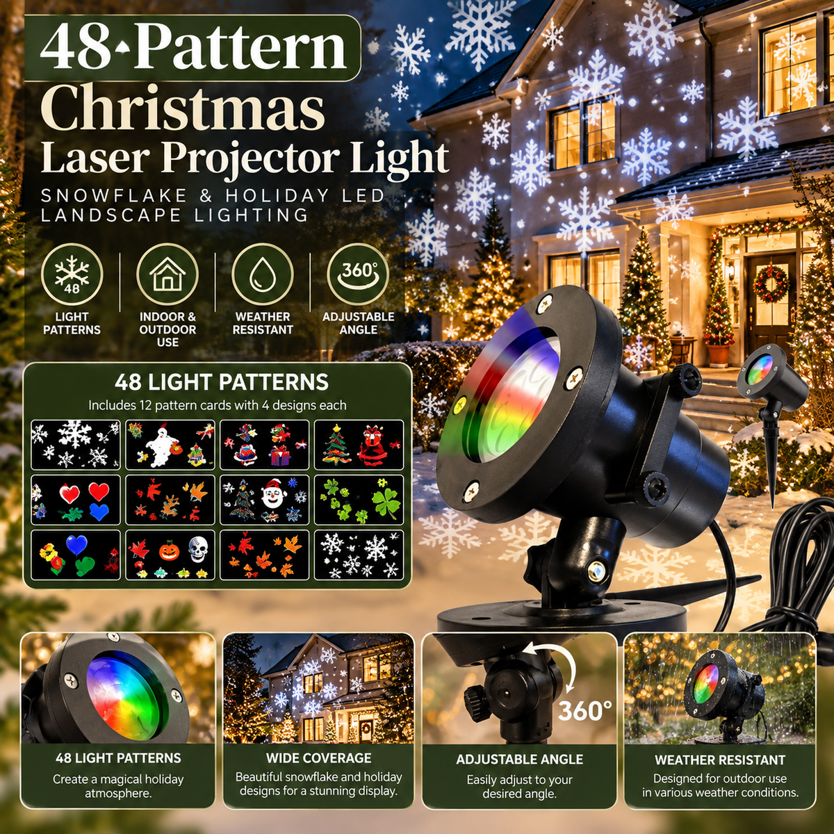 48-Pattern Christmas Laser Projector Light – Outdoor Snowflake & Holiday LED Landscape Lighting