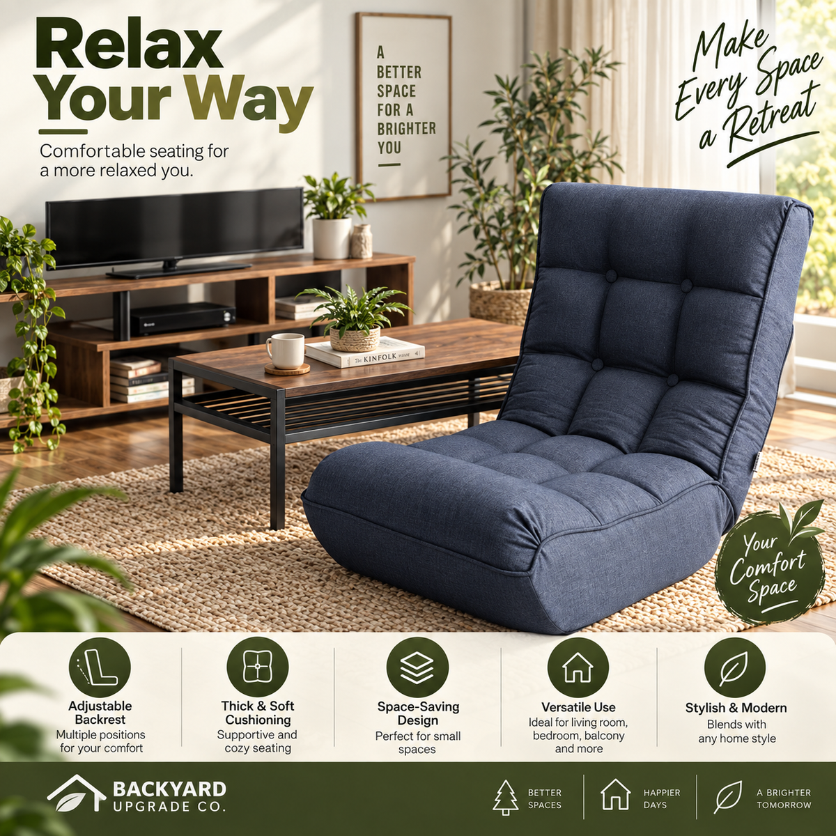 Adjustable Japanese Floor Reclining Chair – Low-Profile Lounge Sofa