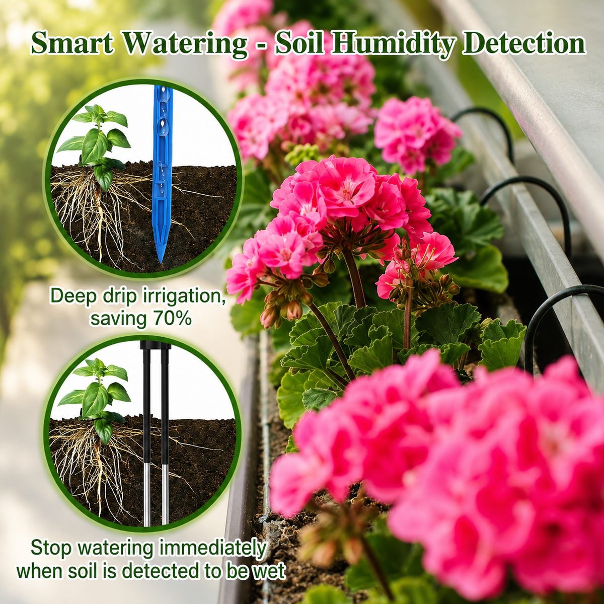Smart watering system with soil humidity detection, shown with pink geranium flowers in a planter and circular inset diagrams explaining deep drip irrigation and moisture detection.