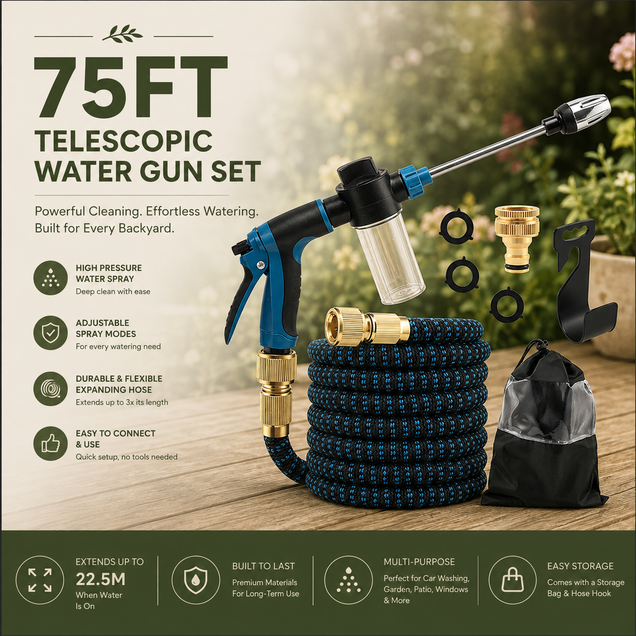 Telescopic water gun set with a coiled blue and black hose, spray nozzle, pressure washer attachment, hose extenders, black nozzles, a black storage bag, and marketing text on a garden-themed background.