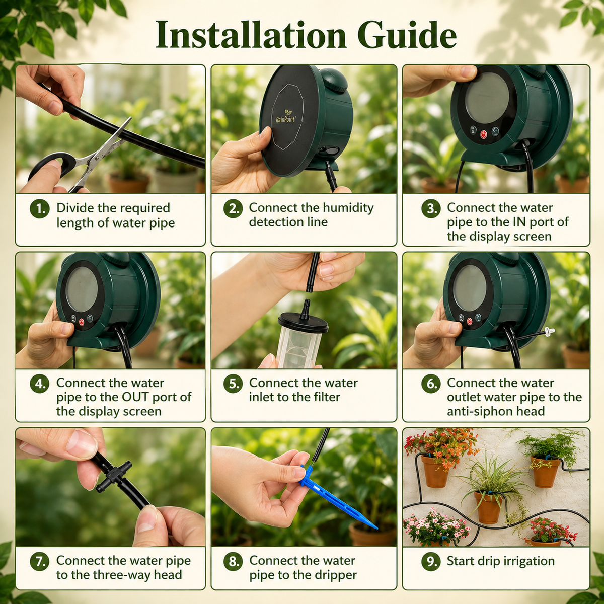 Installation guide infographic with nine numbered panels showing how to connect a green smart irrigation and humidity controller, including water pipe connections, a filter, and drip irrigation to potted plants.