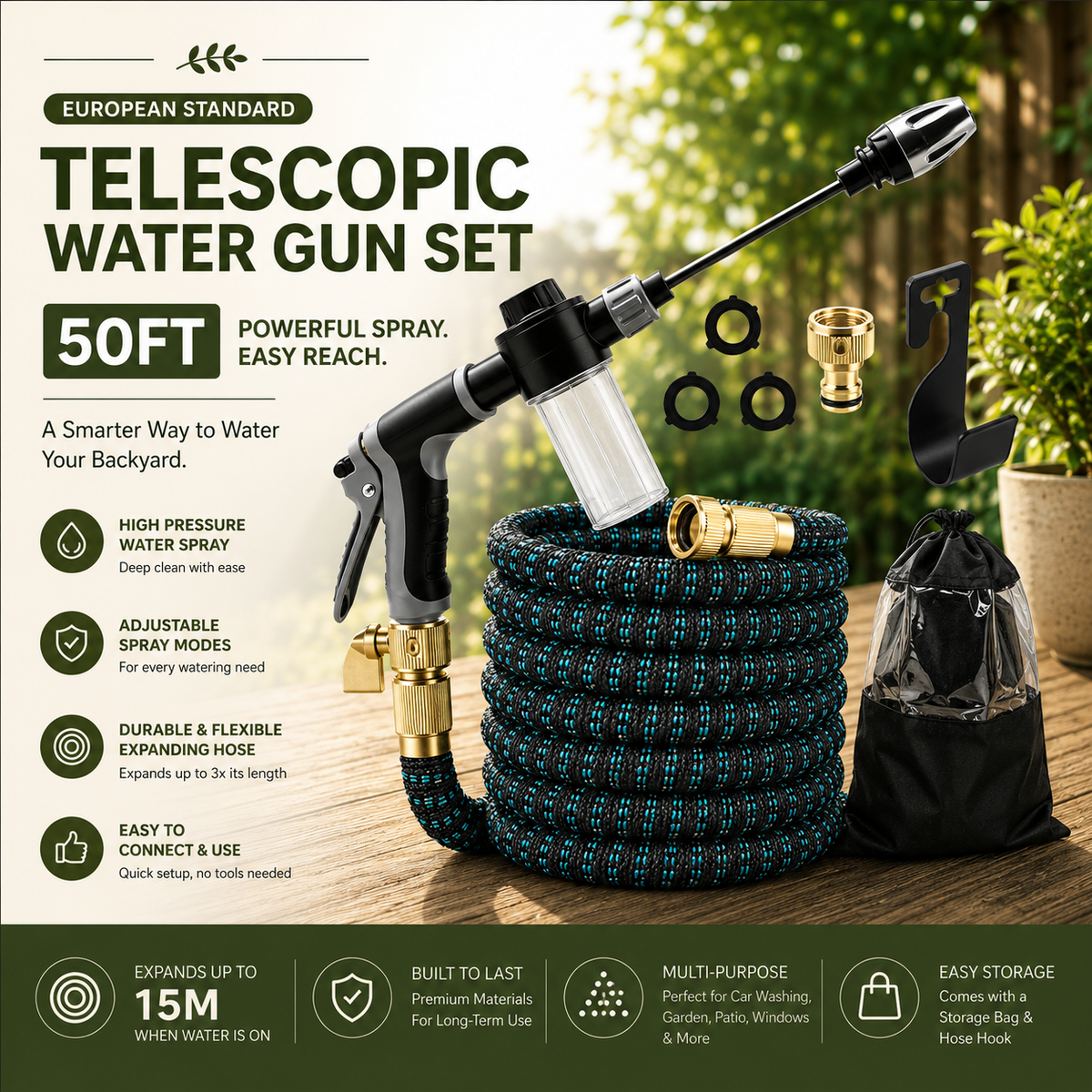 Telescopic water gun set with a coiled blue and black hose, brass spray nozzle, foam cannon attachment, hose connector, nozzles, and a black storage bag, shown on a wooden surface with a garden background and promotional text.