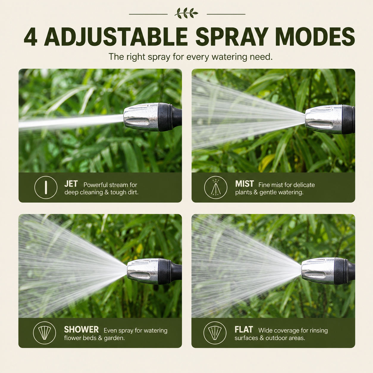 An informational graphic showing a garden hose spray nozzle with four adjustable spray modes: Jet, Mist, Shower, and Flat. The graphic features four panels with green grass backgrounds, showing the water patterns and labels for each mode.