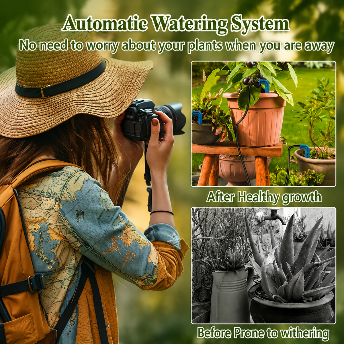 Promotional graphic for an automatic watering system, featuring a woman in a straw hat taking a photo outdoors. The text reads 'Automatic Watering System' and 'No need to worry about your plants when you are away,' with two inset panels showing a potted plant after healthy growth and another before it is prone to withering.
