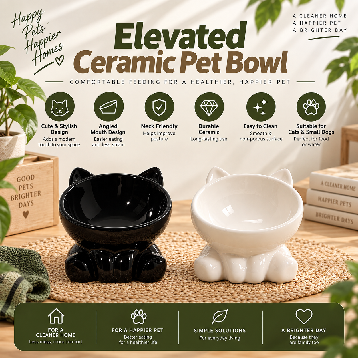 Elevated Ceramic Pet Bowl – Angled Neck-Friendly Cat & Dog Feeding Bowl