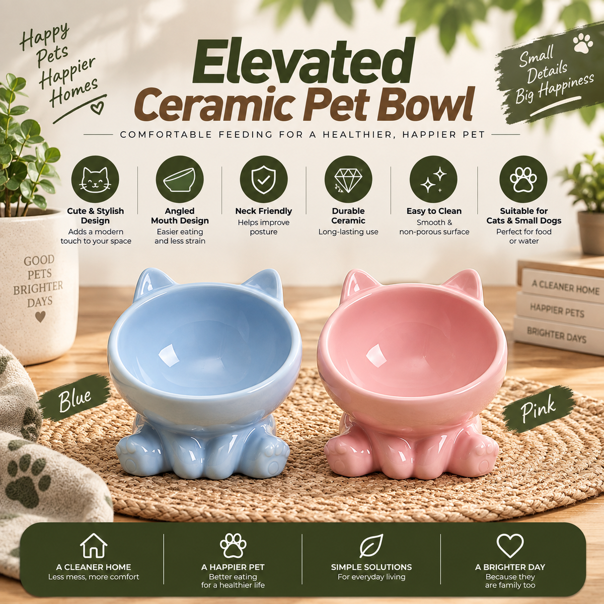 Elevated Ceramic Pet Bowl – Angled Neck-Friendly Cat & Dog Feeding Bowl