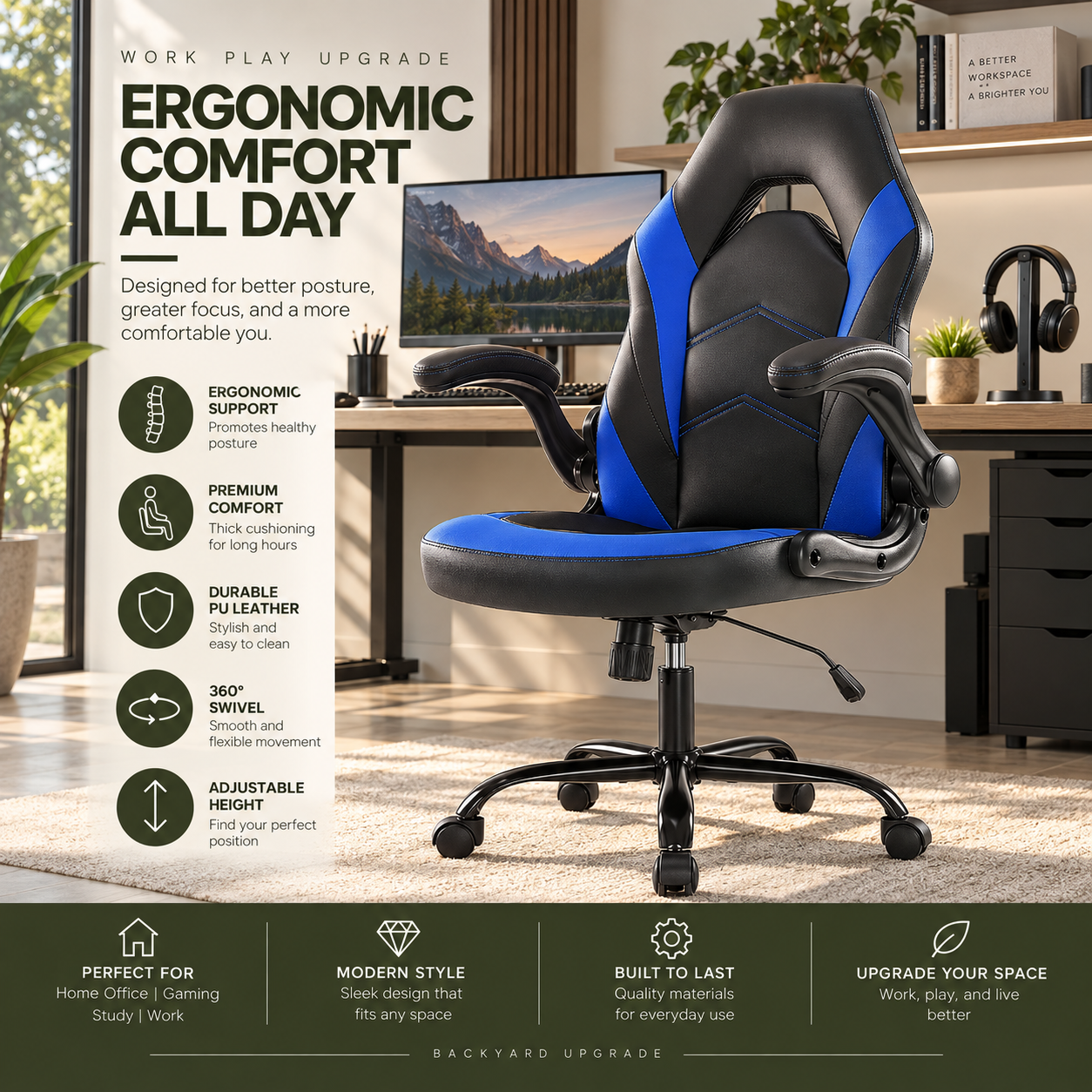 Ergonomic PU Leather Office & Gaming Chair with Lumbar Support