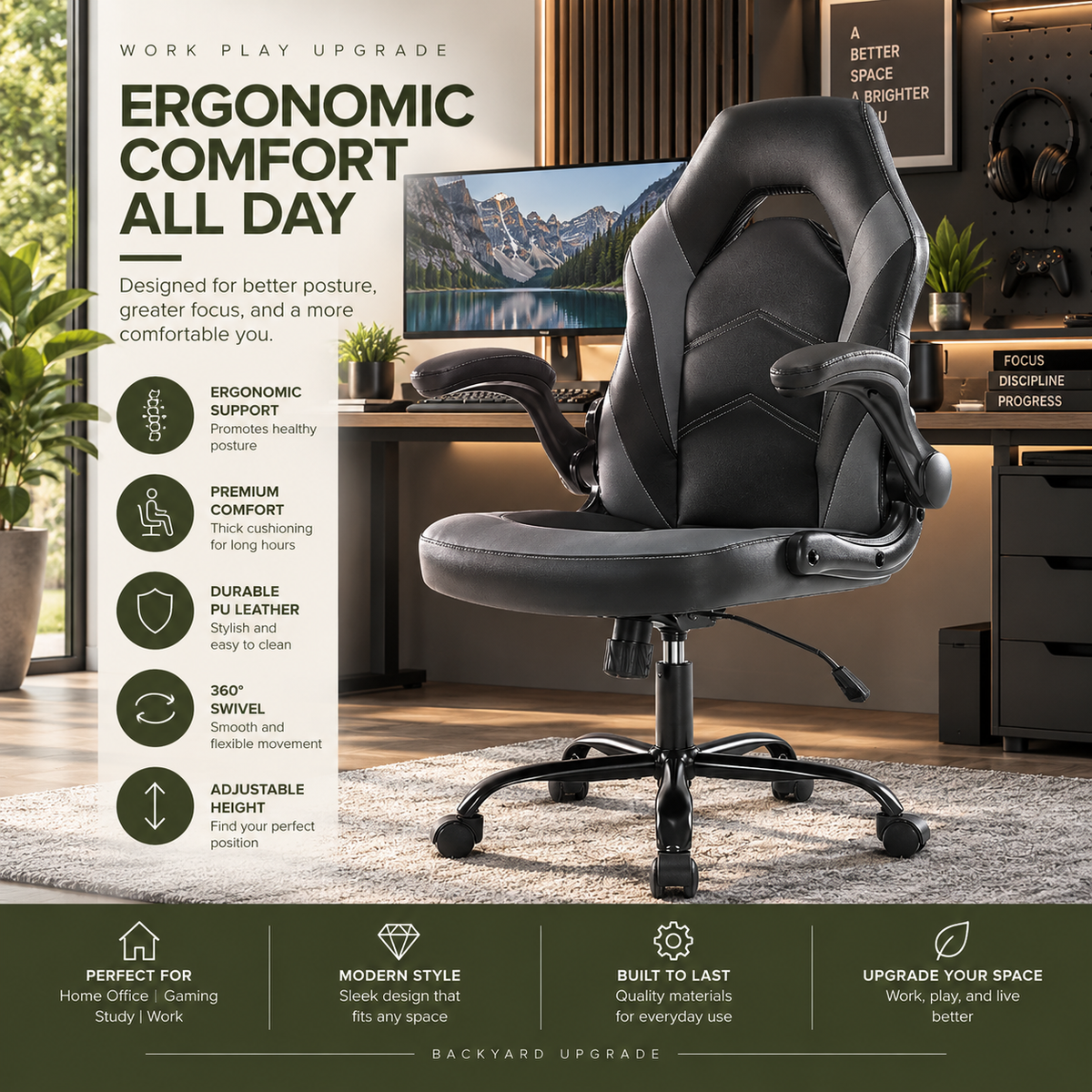 Ergonomic PU Leather Office & Gaming Chair with Lumbar Support