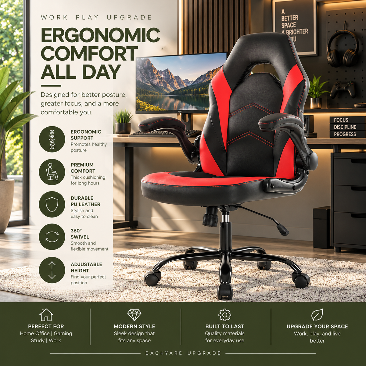 Ergonomic PU Leather Office & Gaming Chair with Lumbar Support