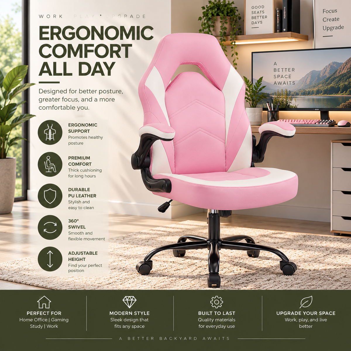 Ergonomic PU Leather Office & Gaming Chair with Lumbar Support