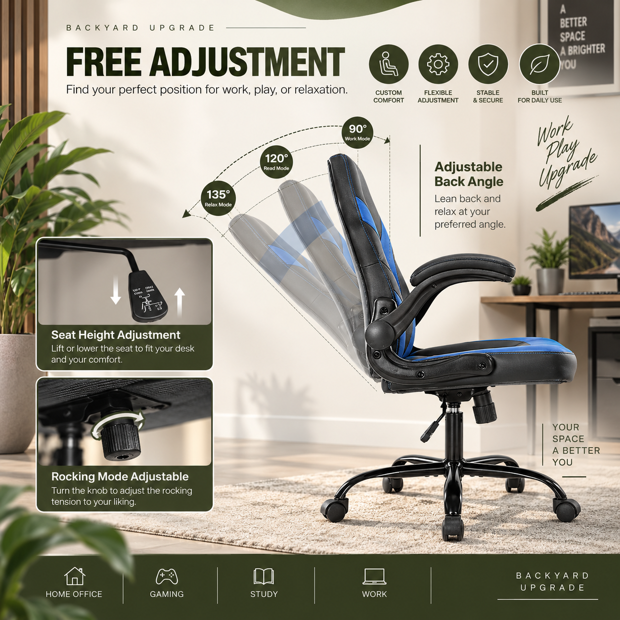 Ergonomic PU Leather Office & Gaming Chair with Lumbar Support