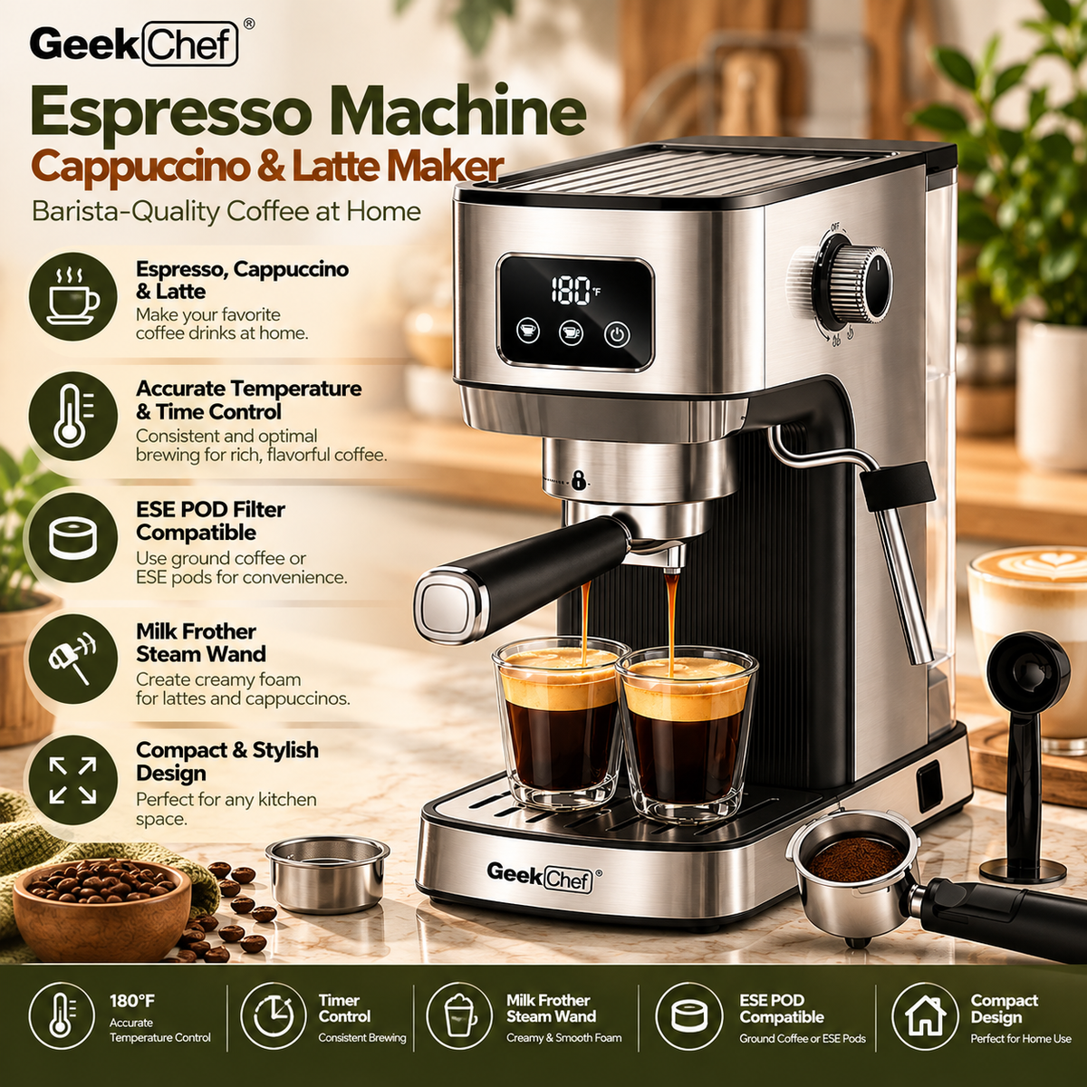 Espresso Coffee Machine with Milk Frother – Cappuccino & Latte Maker