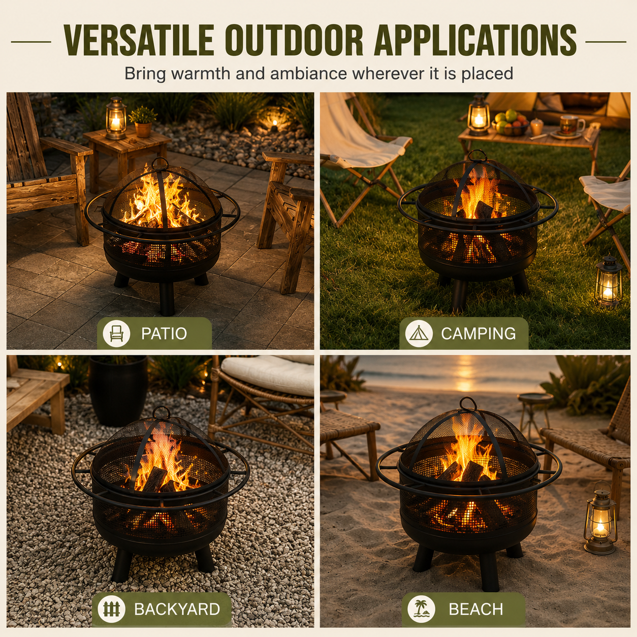 A four-panel promotional graphic for a black metal fire pit, showing it lit in outdoor settings labeled Patio, Camping, Backyard, and Beach. Large text at the top reads “VERSATILE OUTDOOR APPLICATIONS” with smaller copy about bringing warmth and ambiance wherever it is placed.