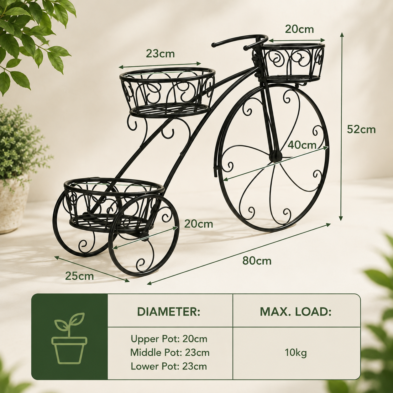 Black metal bicycle-style garden planter with three tiers of wire baskets, shown with dimension labels and a capacity table at the bottom.