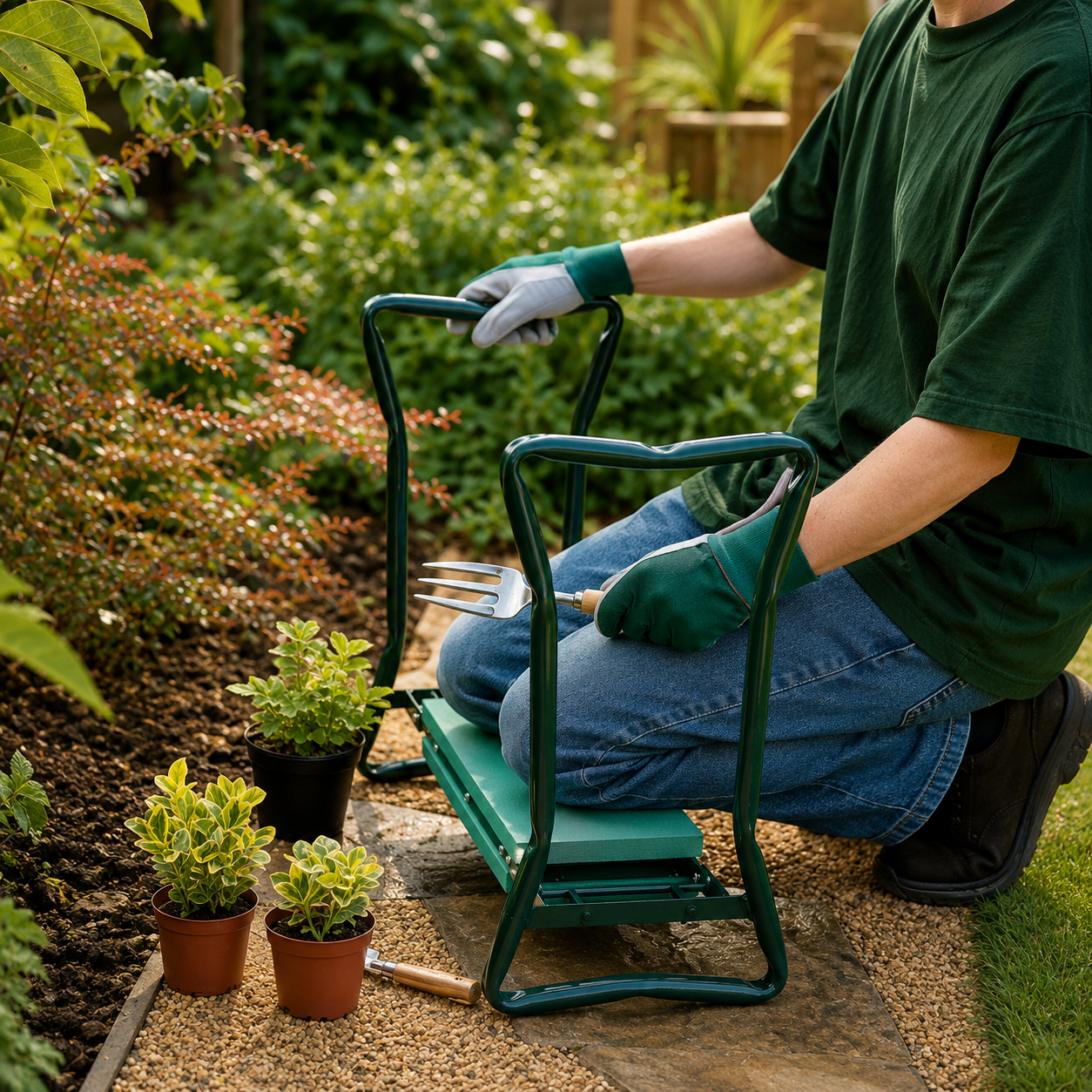A person kneels in a garden using a green metal kneeling pad with integrated handles and a footrest, while holding gardening tools. Small potted plants sit nearby on a gravel path with greenery in the background.