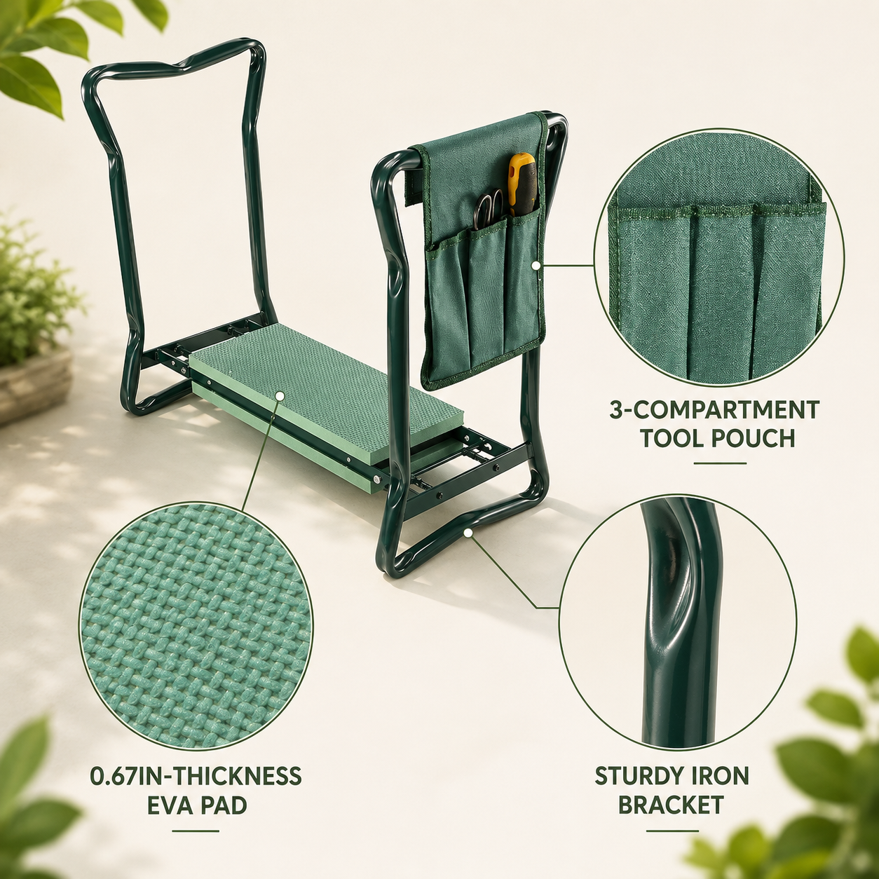 A green folding garden chair with an attached tool pouch, shown on a light beige background with three circular detail callouts highlighting the woven EVA pad, the 3-compartment tool pouch, and the sturdy iron bracket.