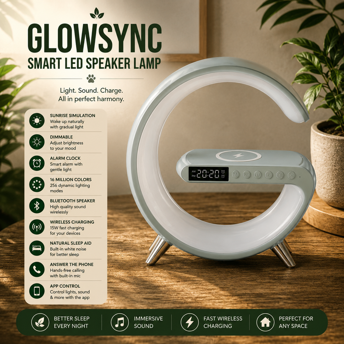 GlowSync G-Shaped LED Speaker Lamp with Wireless Charging