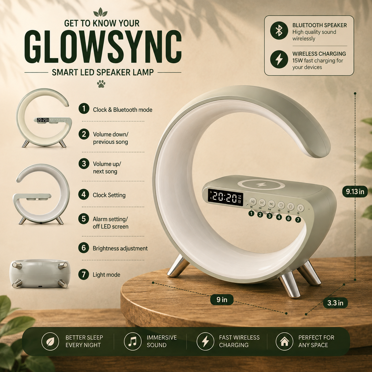 GlowSync G-Shaped LED Speaker Lamp with Wireless Charging