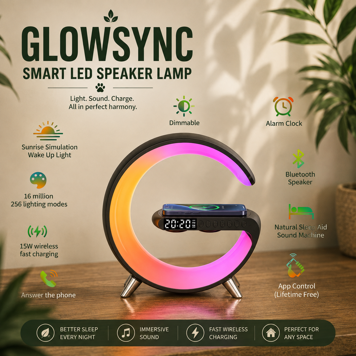 GlowSync G-Shaped LED Speaker Lamp with Wireless Charging