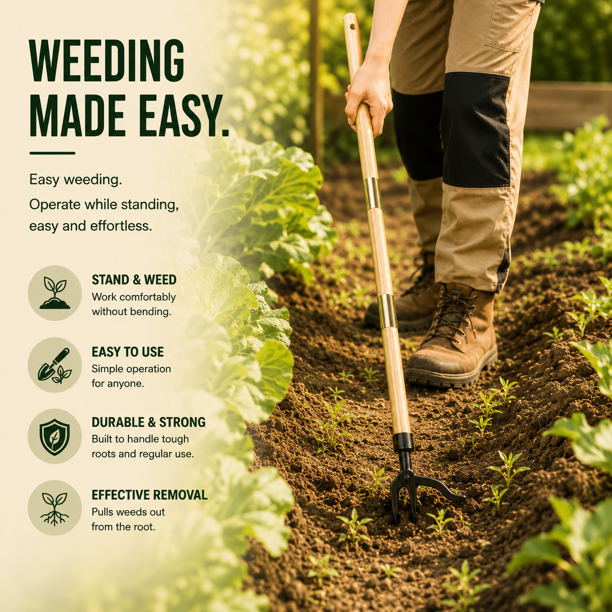 Heavy-Duty Stand-Up Manual Garden Weeder with Wooden Handle