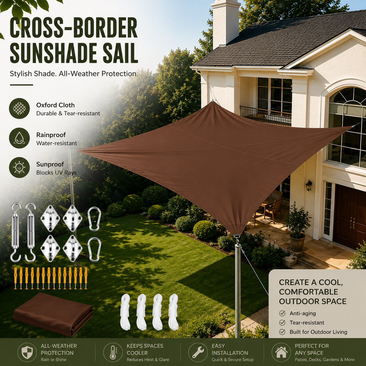 A brown square cross-border sunshade sail displayed on a house lawn, with product features, included hardware, and installation benefits shown in an outdoor yard setting.