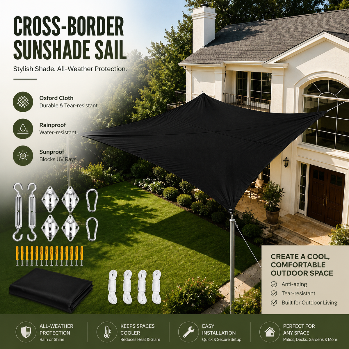 Cross-border sunshade sail shown installed over a green backyard lawn in front of a house, with product features and included hardware displayed on a promotional graphic.