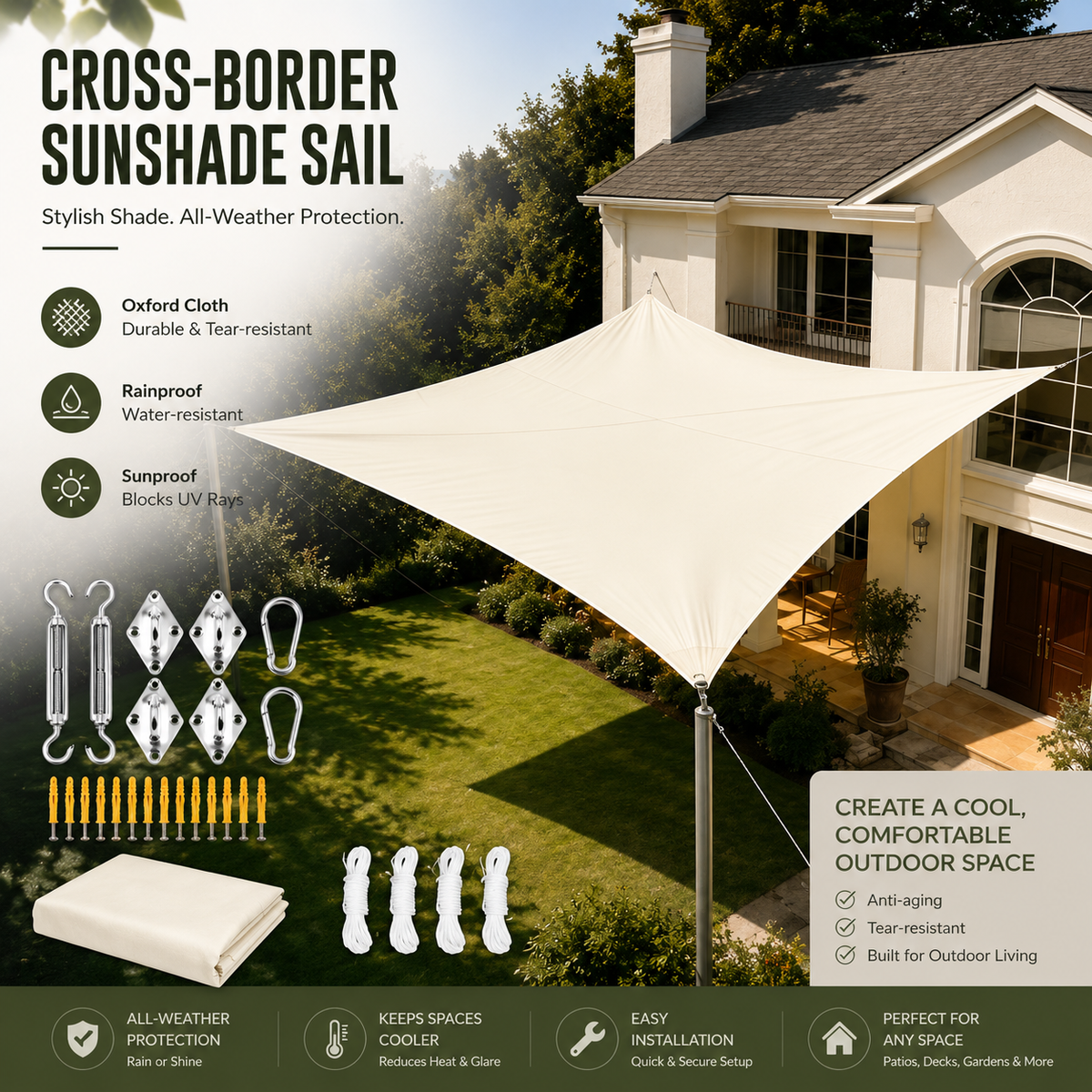 Cross-border sunshade sail in a large triangular canopy shape, shown installed over a green lawn in front of a house. The image includes product accessories, installation hardware, and feature callouts such as Oxford cloth, rainproof, and sunproof.