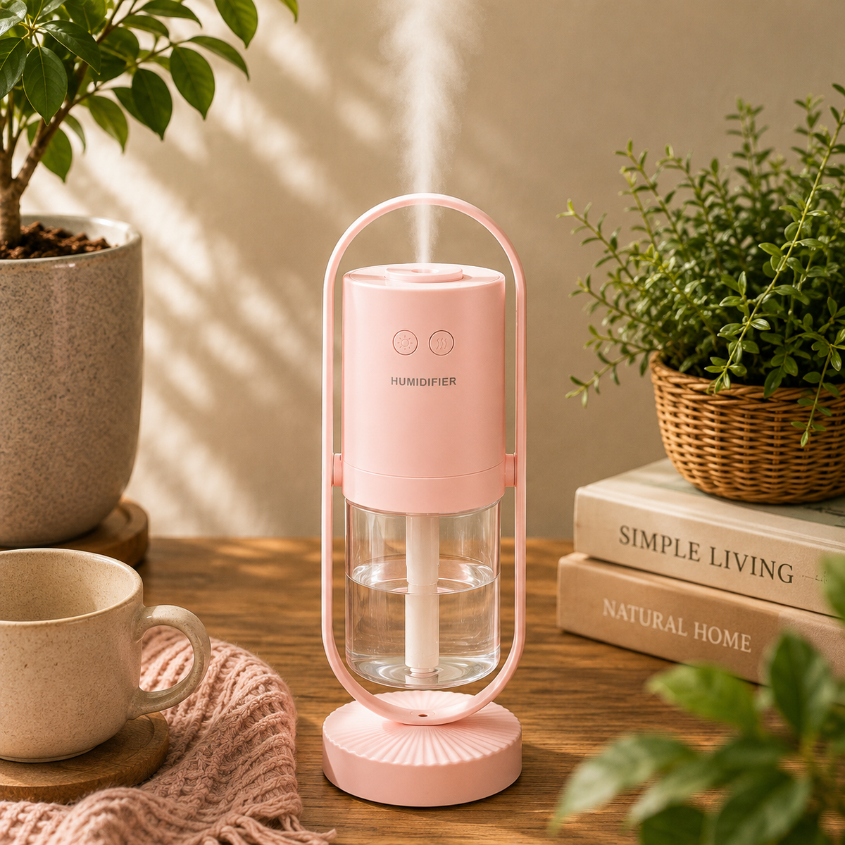 A pink humidifier with a clear water tank and misting function, styled on a wooden table with a mug, books, and potted plants.
