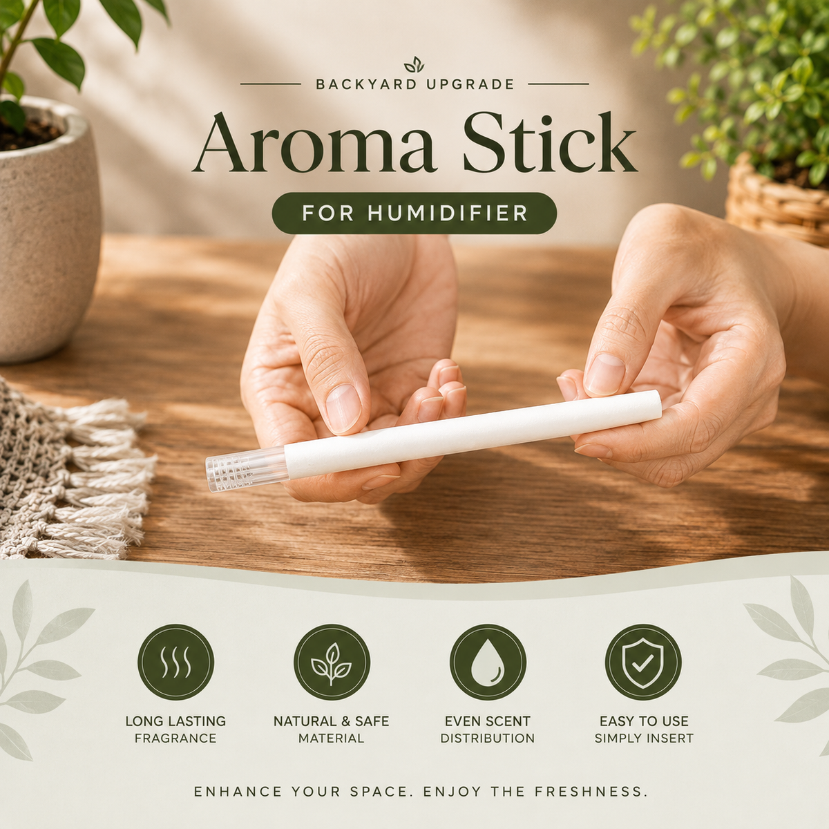 A person's hands holding a white and clear Aroma Stick for humidifier on a wooden table, with a graphic overlay at the top and bottom detailing product benefits.