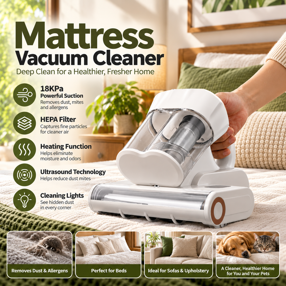 Mattress Vacuum Cleaner with 18KPa Powerful Suction & HEPA Filter – 550W Bed & Sofa Cleaner