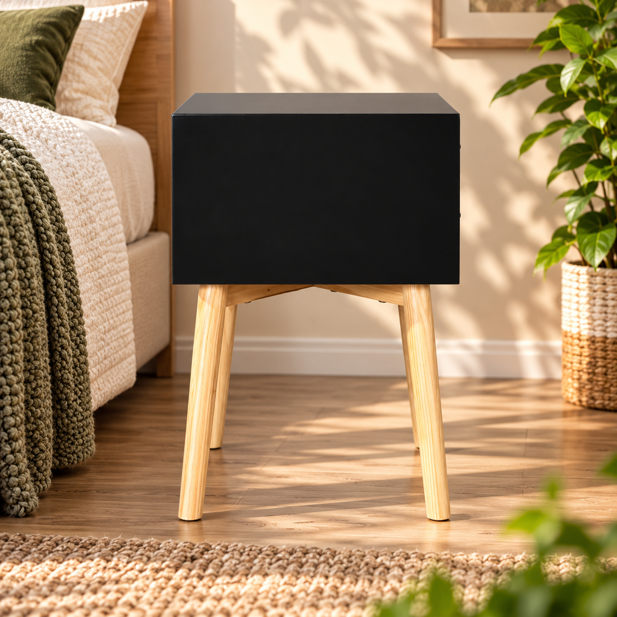 Mid-Century Modern Bedside Table with 2 Drawers & Rubber Wood Legs