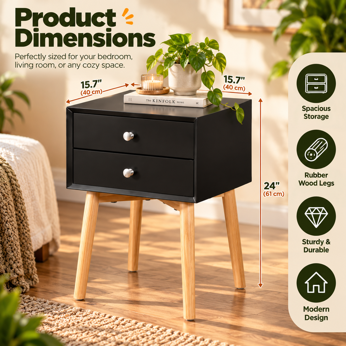 Mid-Century Modern Bedside Table with 2 Drawers & Rubber Wood Legs