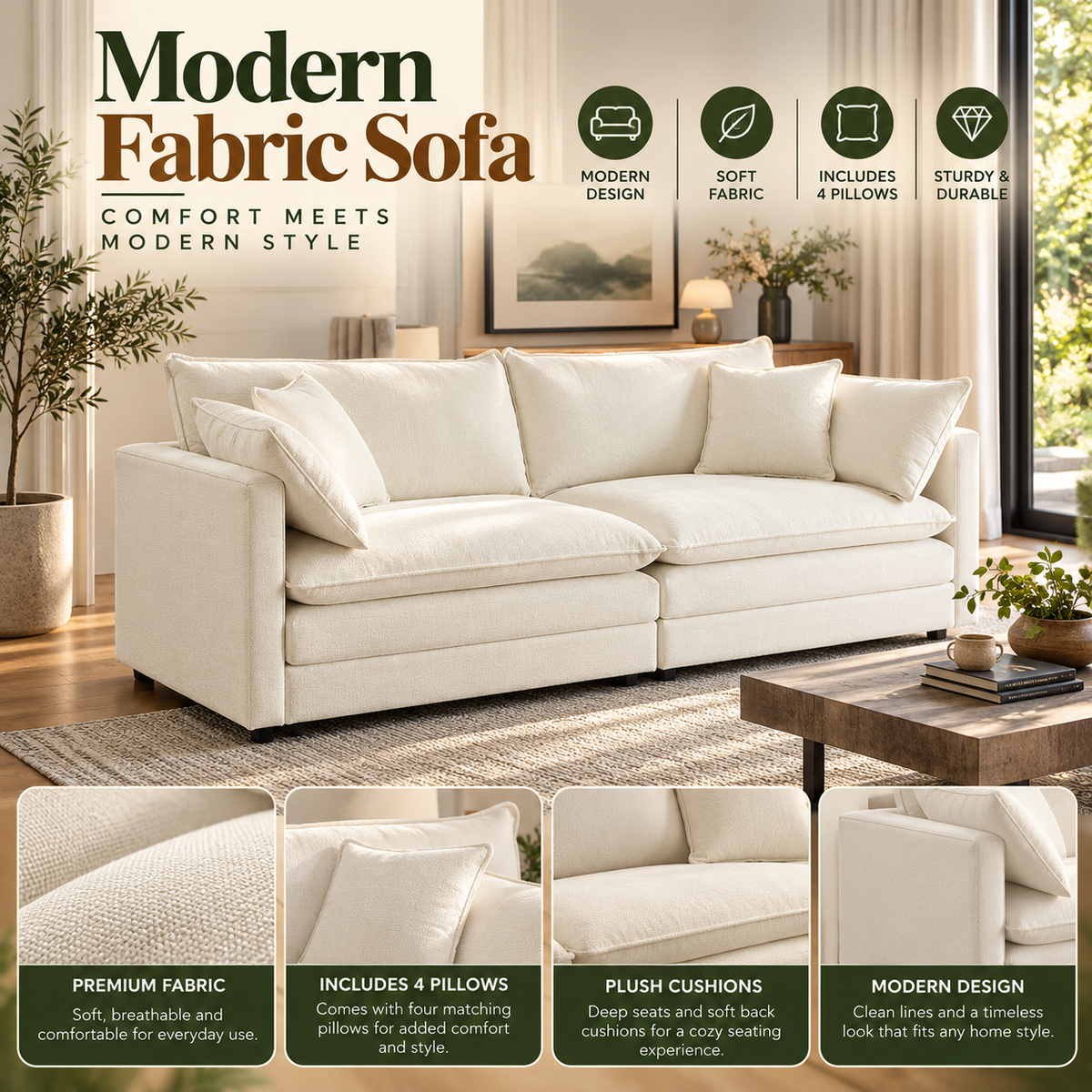 Modern Fabric 2-Seater Sofa with 4 Throw Pillows