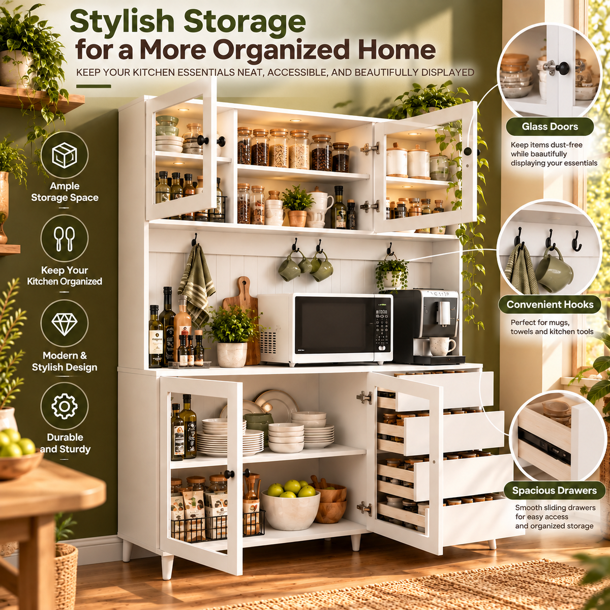 Modern Kitchen Hutch Cabinet – Freestanding Pantry with Microwave Shelf, 4 Doors & 4 Drawers