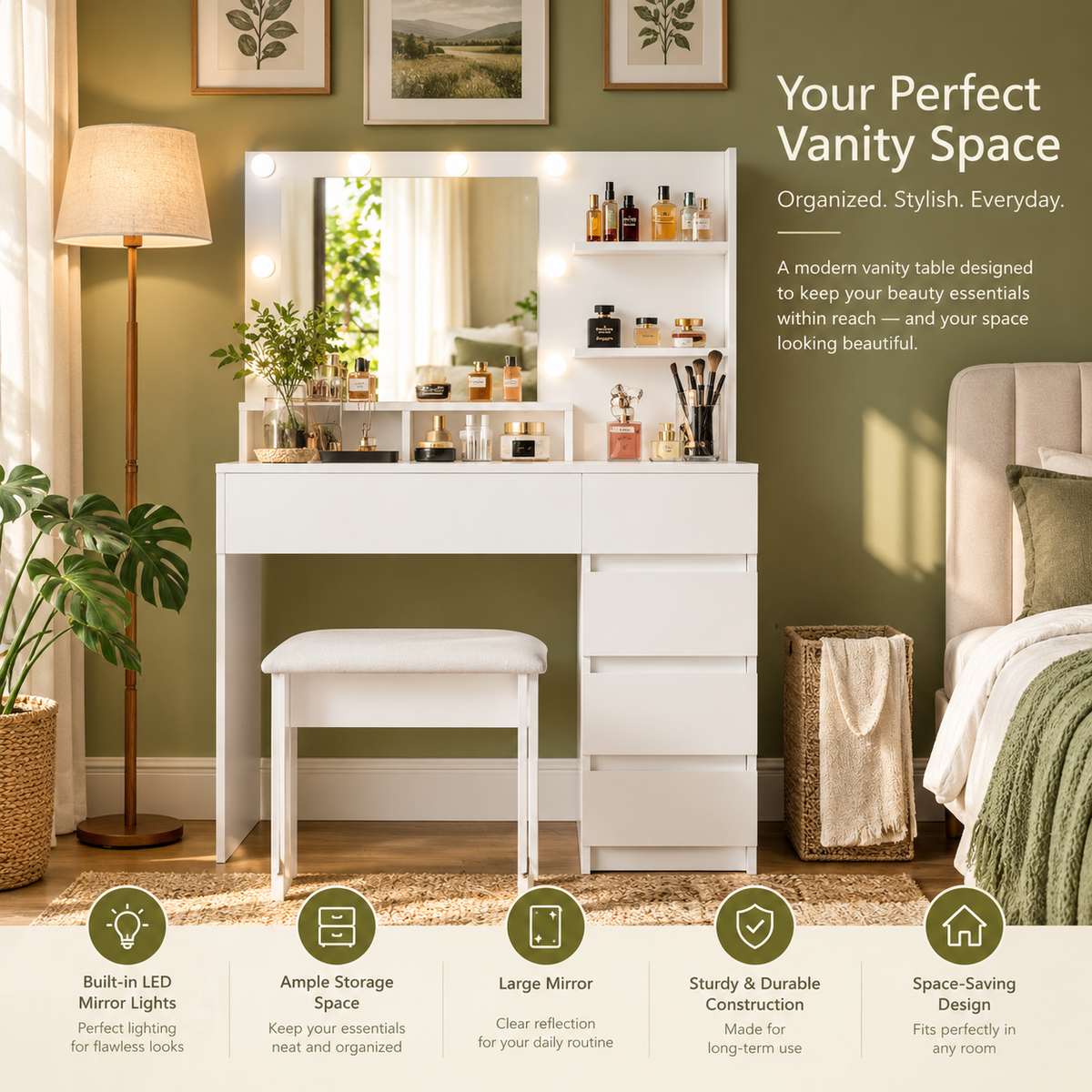 Modern Makeup Vanity Desk with Mirror, LED Lights & Storage – White Vanity Set with Stool