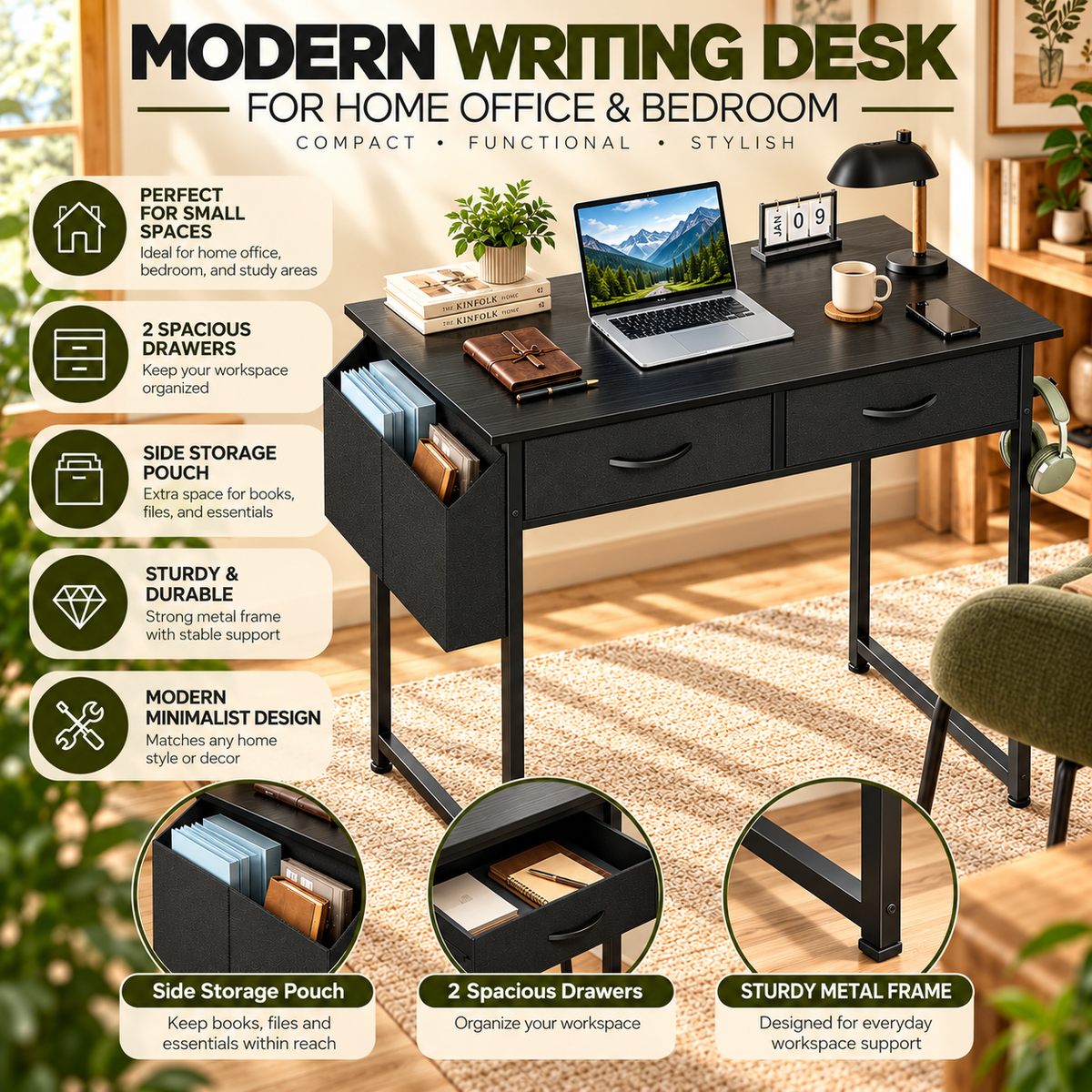 Modern Writing Desk for Home Office & Bedroom