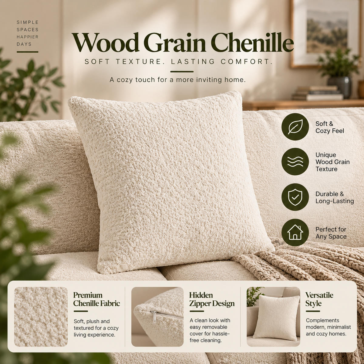 Modern Chenille Sectional Sofa with Chaise & 4 Pillows
