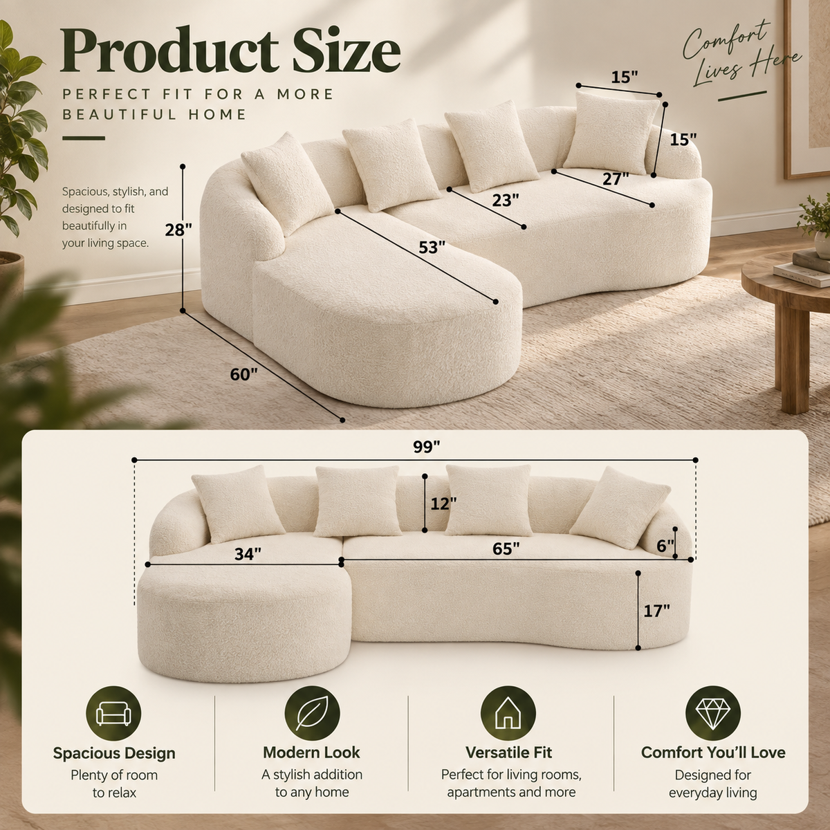 Modern Chenille Sectional Sofa with Chaise & 4 Pillows