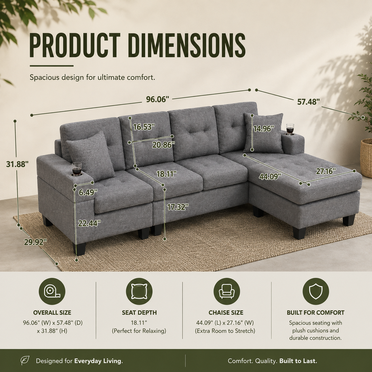 Modern Comfort Fabric Sectional Sofa