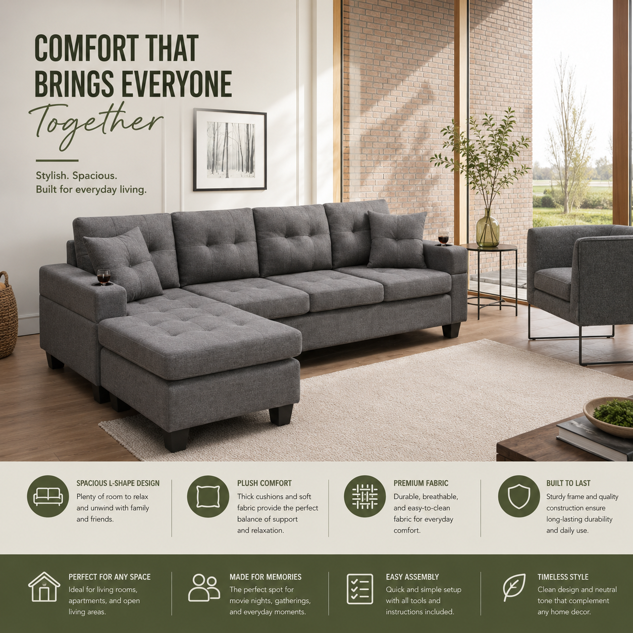 Modern Comfort Fabric Sectional Sofa
