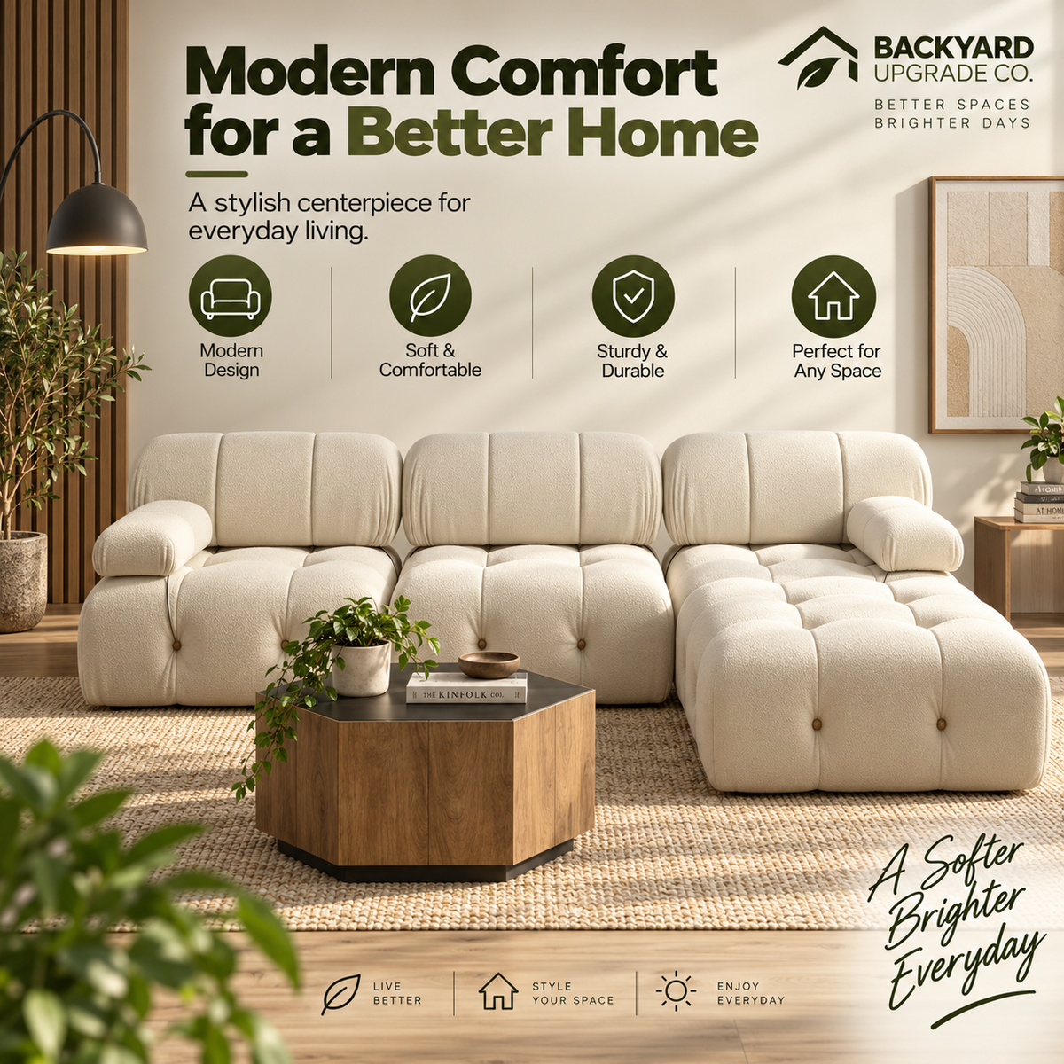 Modern Fabric Sofa – Nordic Minimalist Couch with Buckle Detail