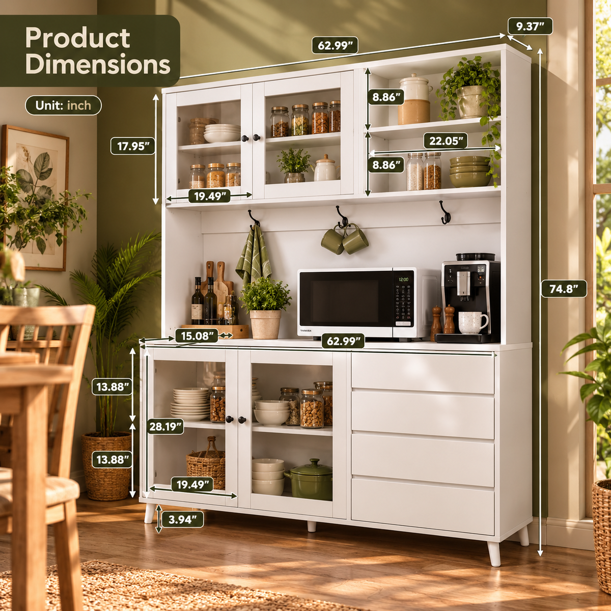 Modern Kitchen Hutch Cabinet – Freestanding Pantry with Microwave Shelf, 4 Doors & 4 Drawers