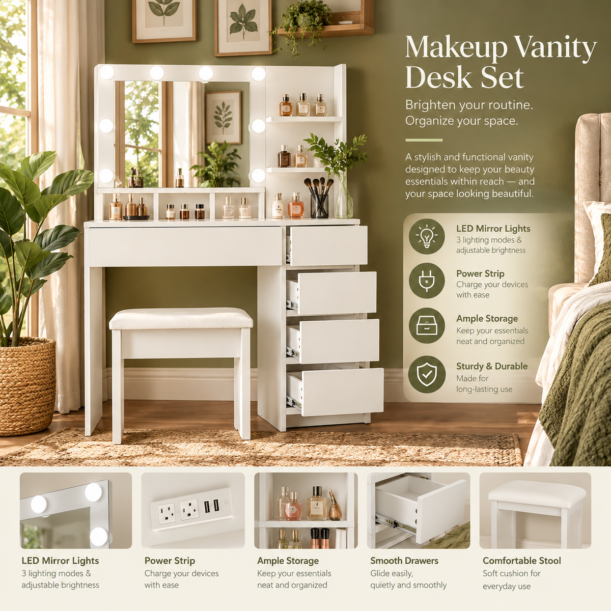 Modern Makeup Vanity Desk with Mirror, LED Lights & Storage – White Vanity Set with Stool