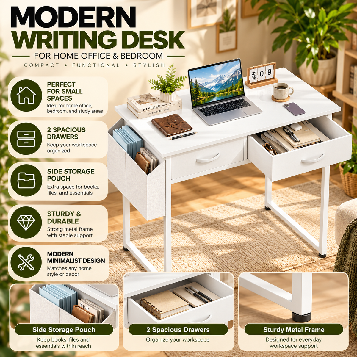 Modern Writing Desk for Home Office & Bedroom