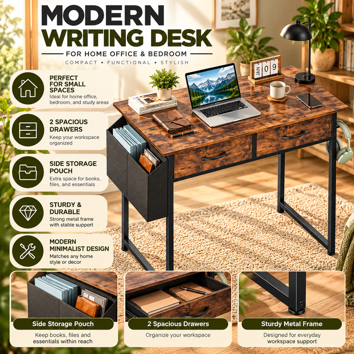 Modern Writing Desk for Home Office & Bedroom