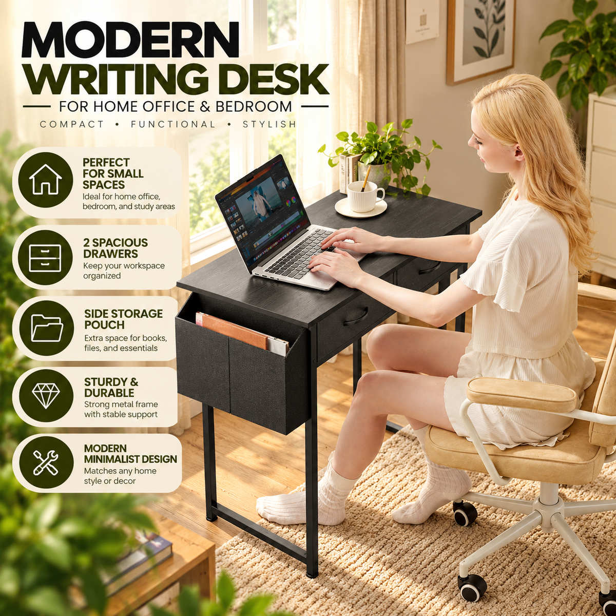 Modern Writing Desk for Home Office & Bedroom