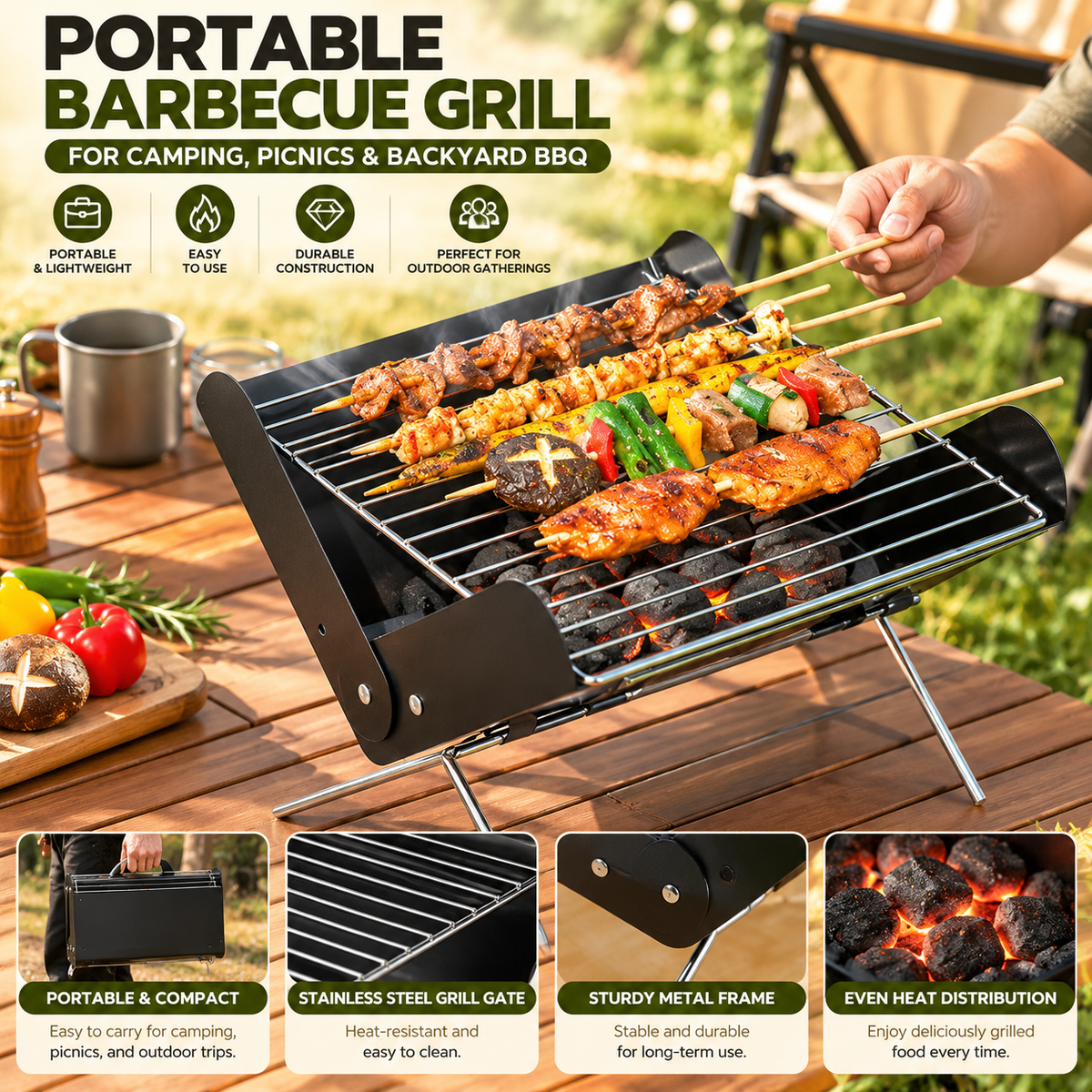 Portable Outdoor Camping Grill – Compact Barbecue Grill for Camping & Backyard BBQ