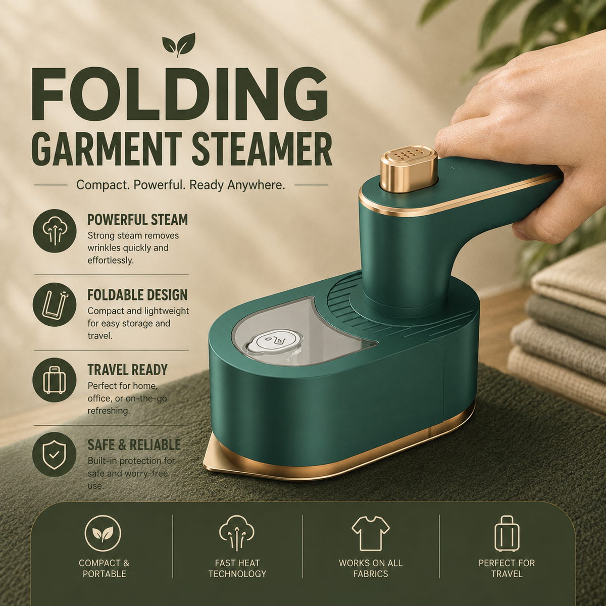 Portable Folding Garment Steamer – Handheld Wrinkle Remover for Home & Travel
